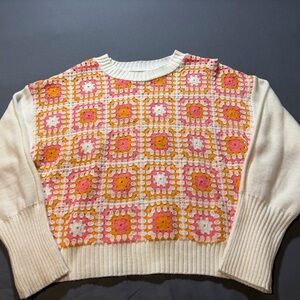 Crochet Granny Square Knit Sweater Top Pink Orange Cream